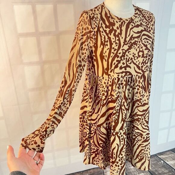 🔥🔥5 for $25🔥🔥 AFRM brown tan animal print long sleeve babydoll mini dress - Picture 5 of 13